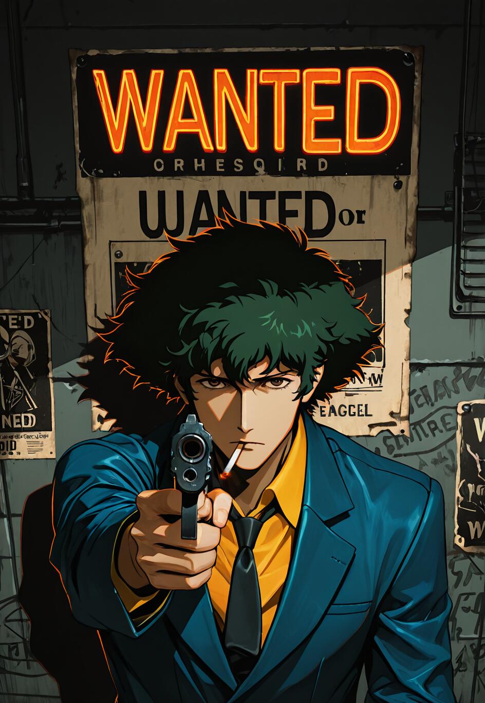 Illustration de Spike Spiegel, dans le style des dessins animés japonais, tirée de Cowboy Bebop, où il pointe un pistolet vers la caméra. Il a les cheveux noirs et ébouriffés, une cigarette à la bouche et porte un costume bleu. Derrière lui, on aperçoit un mur avec une grande enseigne néon indiquant « RECHERCHÉ ».
