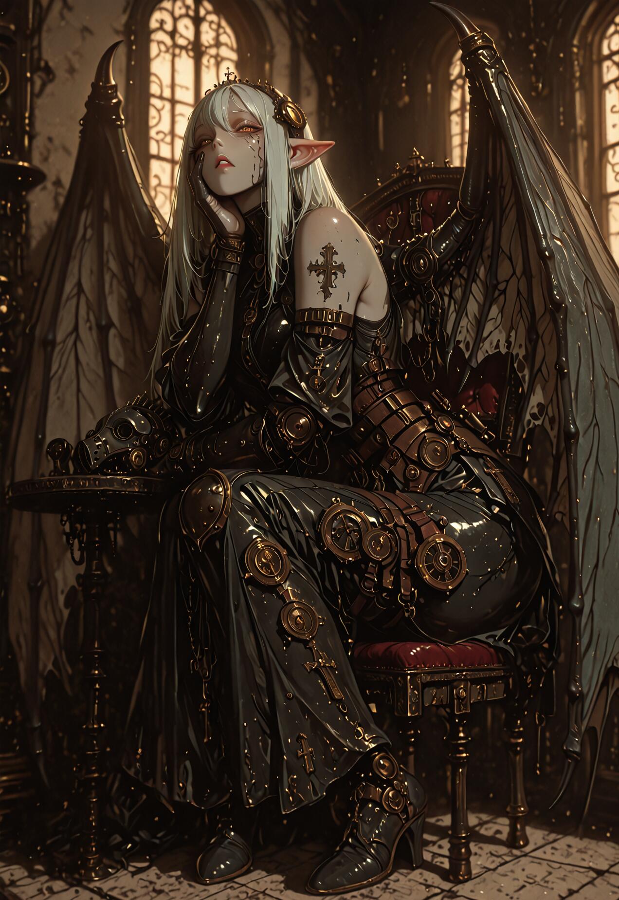 Une elfe aux cheveux blancs, dotée de grandes ailes de dragon sombres, est assise, plongée dans ses pensées, dans un fauteuil orné. Elle porte une tenue steampunk élaborée, noire et dorée, dans un grand hall de style gothique aux larges fenêtres en arc.