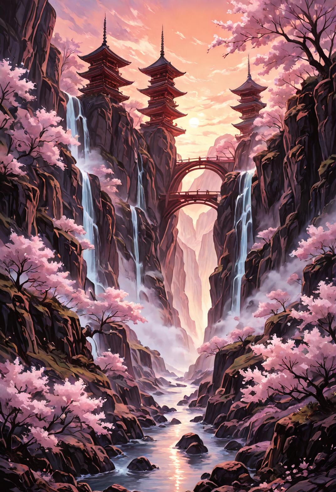 Une peinture numérique verticale représentant un canyon profond, avec des pagodes asiatiques traditionnelles perchées sur les falaises, de nombreuses cascades, un pont de pierre et des arbres en fleurs, notamment des cerisiers aux fleurs roses, le tout baigné par la lumière chaude d’un coucher de soleil.