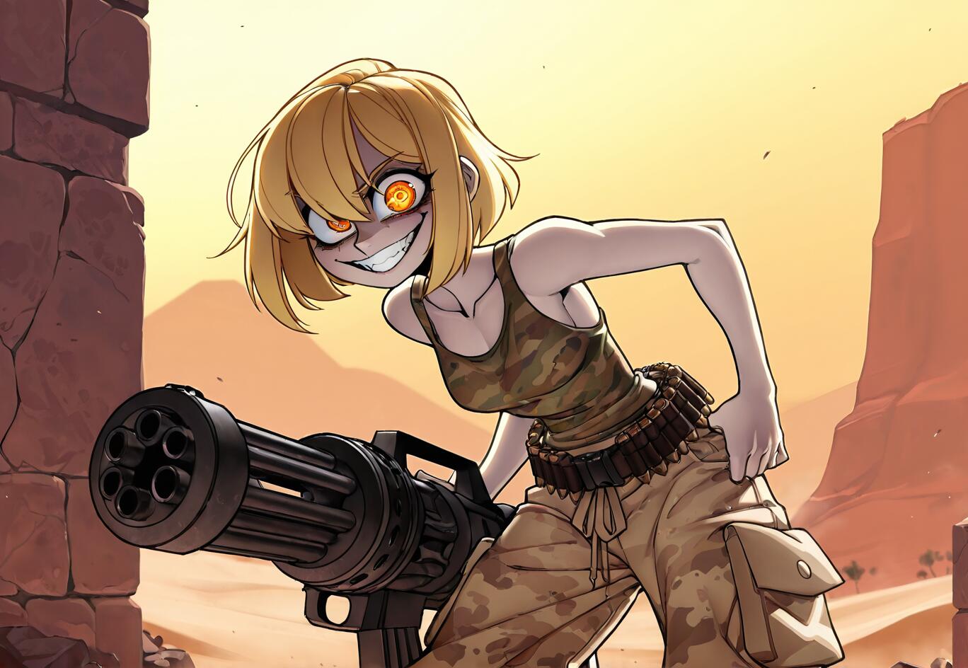 Une illustration d’anime représentant Tanya Degurechaff, issue de la série « Saga of Tanya the Evil », avec un sourire dément et des yeux brillants, tenant une mitrailleuse de grande taille dans un décor désertique.