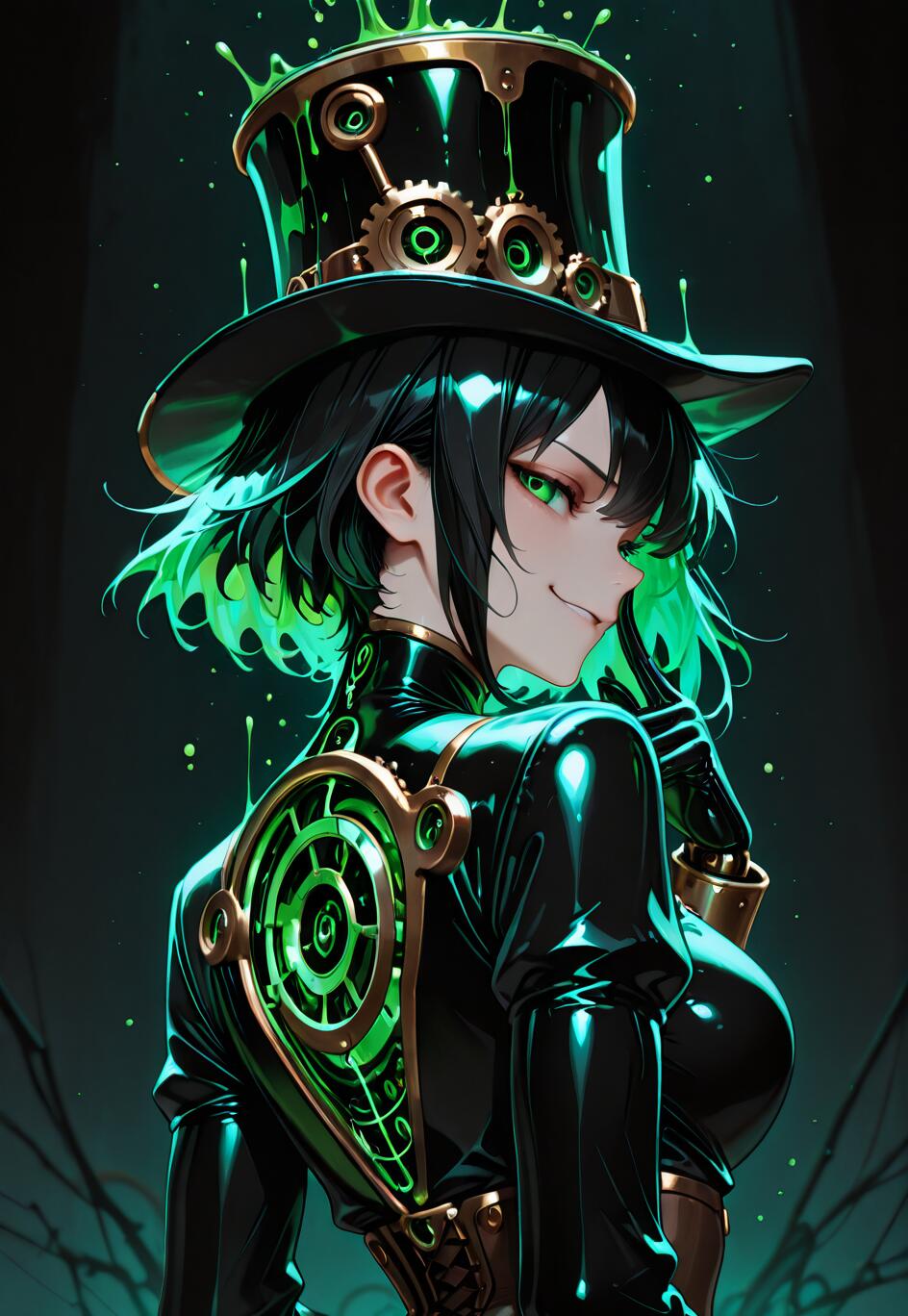 Un personnage de style manga, avec de courts cheveux noirs et verts phosphorescents, se retourne et affiche un sourire narquois. Elle porte une tenue de style steampunk noire et un haut-de-forme débordant d’une substance verte et lumineuse qui coule.