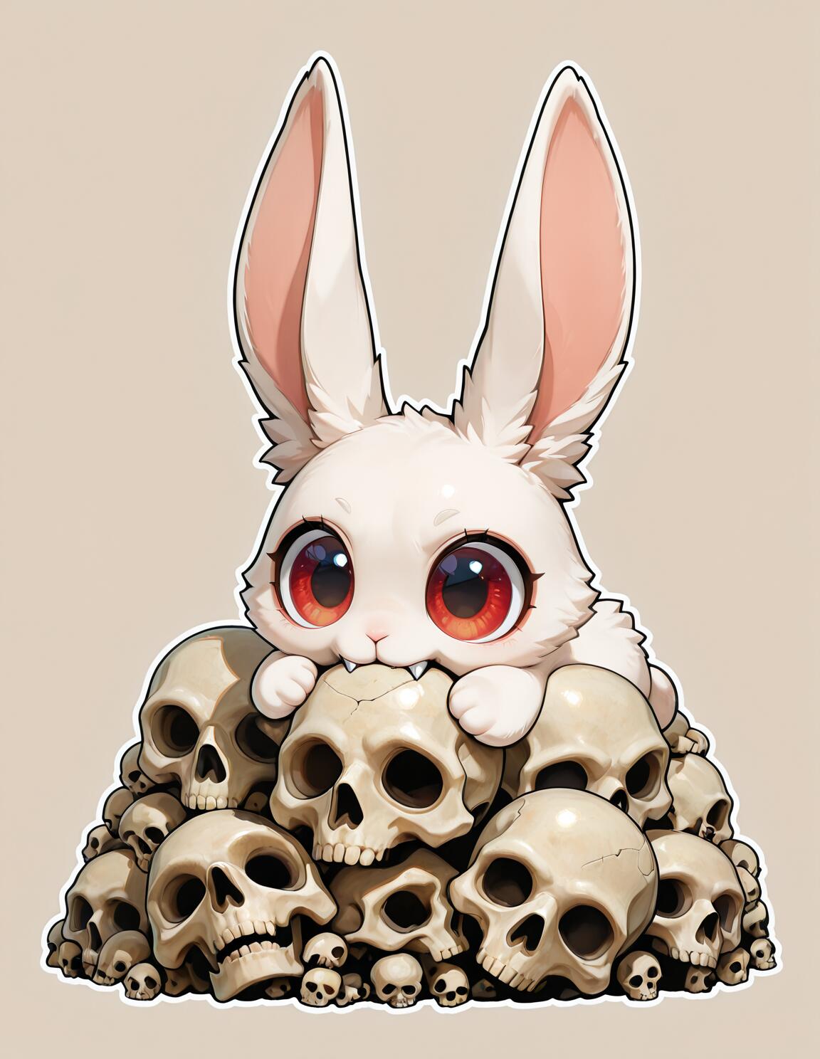 Un adorable lapin blanc, dessiné dans un style « chibi », avec de grands yeux rouges et des crocs, qui mord un crâne humain tout en étant assis sur un grand tas d’autres crânes.