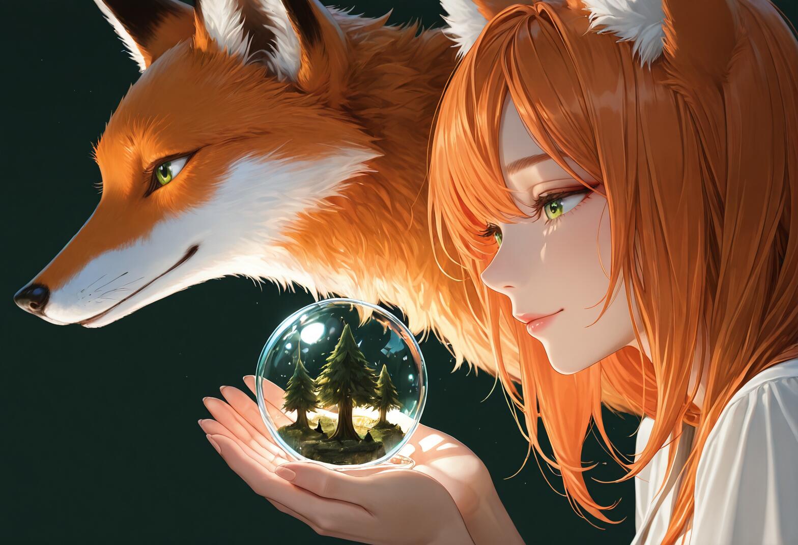 Une illustration de style manga représentant une jeune fille renarde aux cheveux orange et aux yeux verts, tenant une sphère de verre contenant une forêt miniature, accompagnée d’un grand renard.