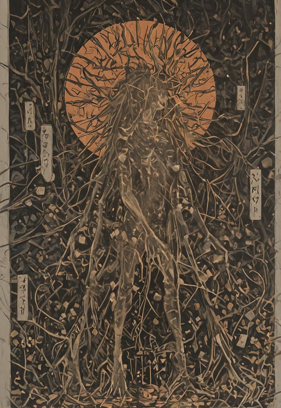 Une œuvre d’art de style ukiyo-e représentant un esprit éthéré, composé de racines et de branches sombres et entrelacées. La figure se tient dans une forêt chaotique, devant un grand soleil orange et massif qui lui sert d’auréole.