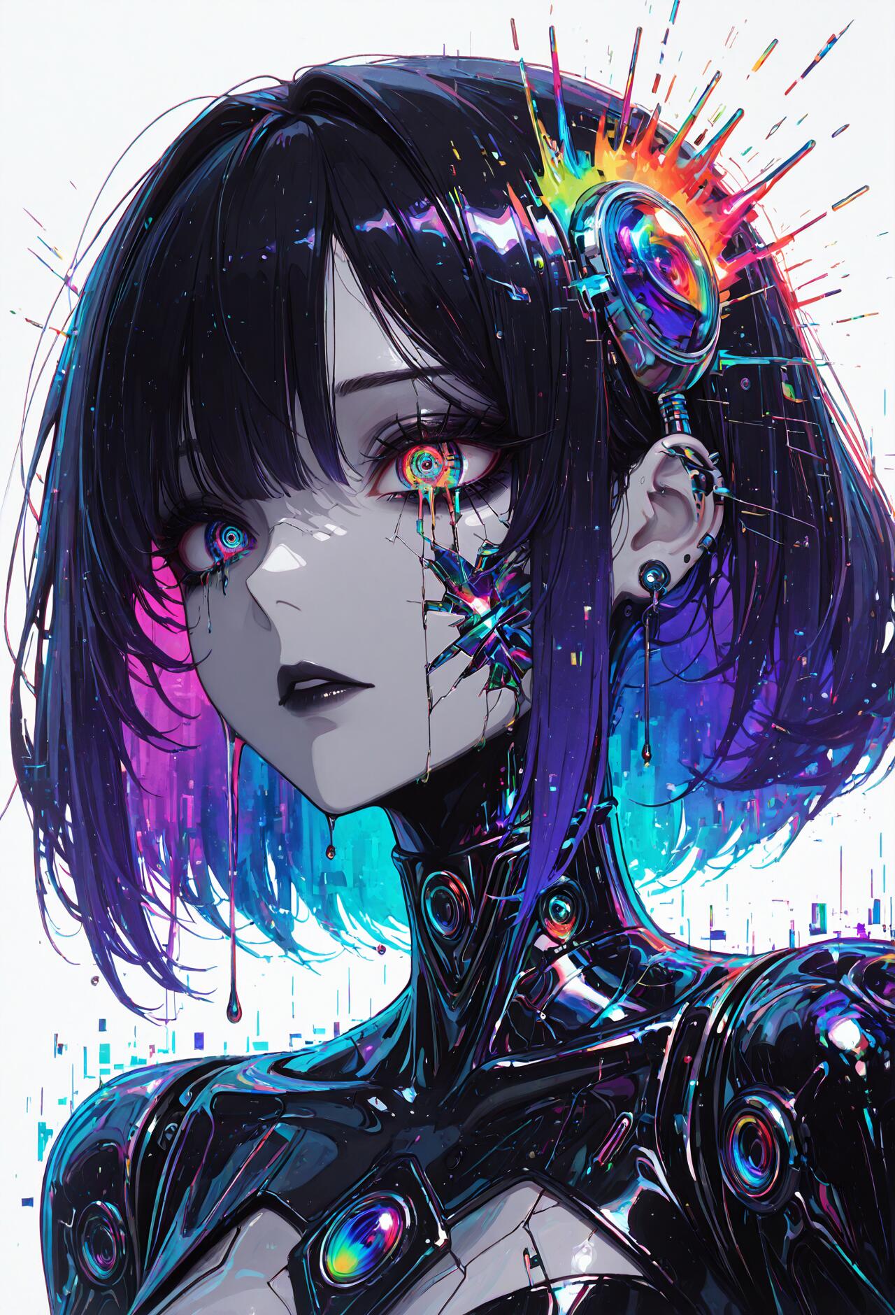 Un portrait en gros plan d’une jeune fille androïde de style manga, avec de courts cheveux noirs et violets. Elle a des yeux multicolores et lumineux, avec des larmes noires, une sorte d’effet numérique coloré sur la joue, et porte une combinaison cybernétique noire ainsi qu’un casque coloré, le tout sur un fond blanc.