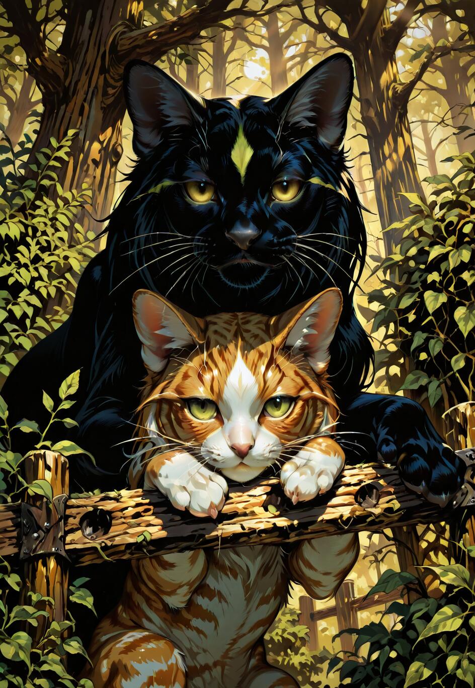 Une illustration détaillée représentant deux chats dans une forêt. Un chat tigré roux et blanc aux yeux verts se trouve au premier plan, observant l’autre chat par-dessus une clôture en bois. Derrière lui, on aperçoit un grand chat noir aux yeux jaunes, avec une étoile jaune sur le front.