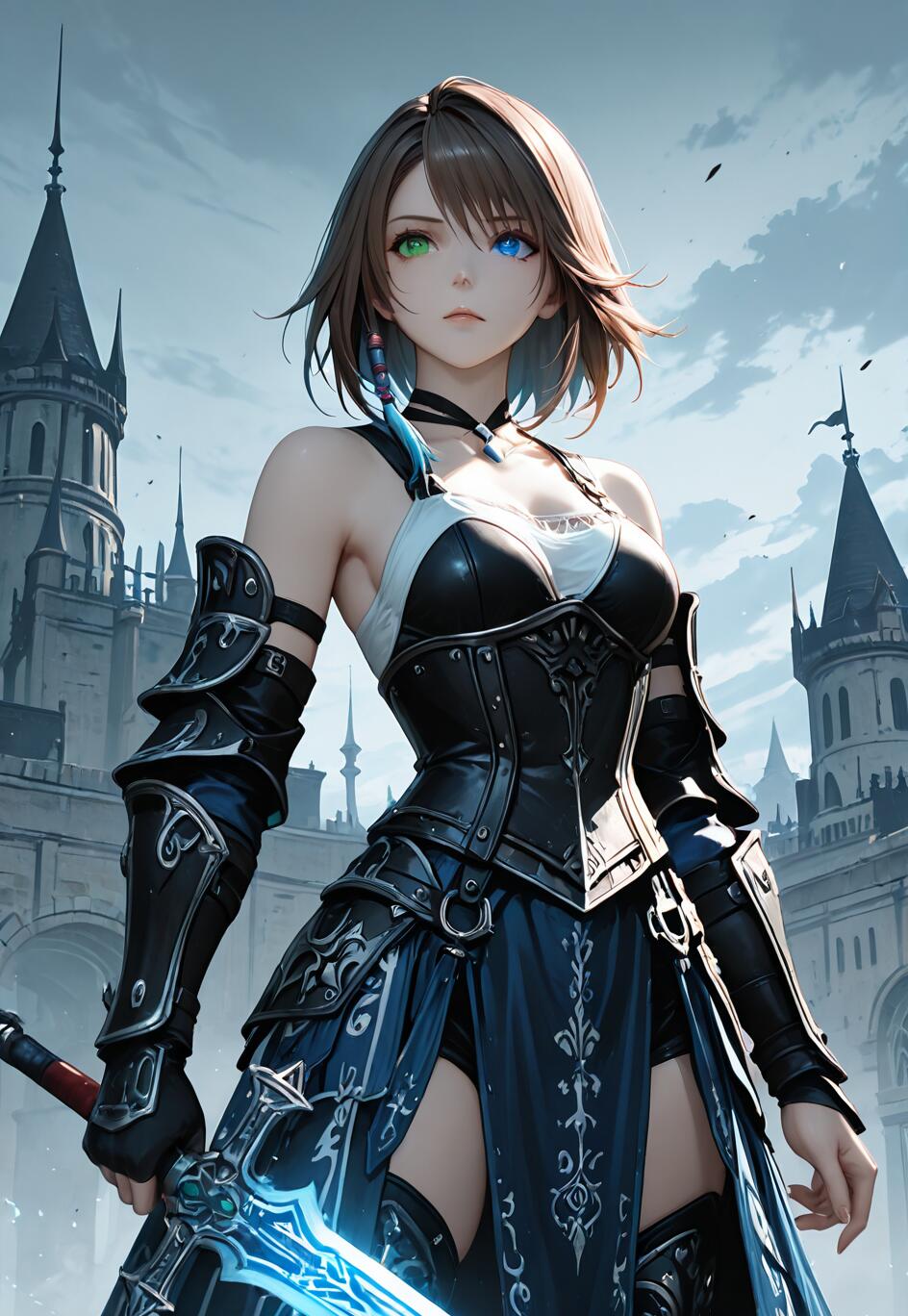 Une illustration de Yuna, issue du jeu Final Fantasy X, réalisée dans un style d’animation japonaise (anime). Elle est déguisée en chevalier, porte une courte chevelure brune, a un œil vert et un œil bleu, et tient une épée bleue lumineuse devant un grand château de style gothique.