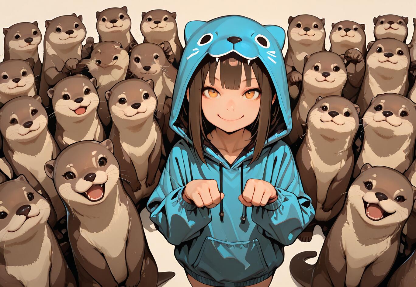 Une jeune fille d’anime, vêtue d’un sweat à capuche bleu représentant une loutre, sourit, entourée d’un grand groupe de jolies loutres. Elle tient ses mains comme si elle imitait les pattes d’une loutre.