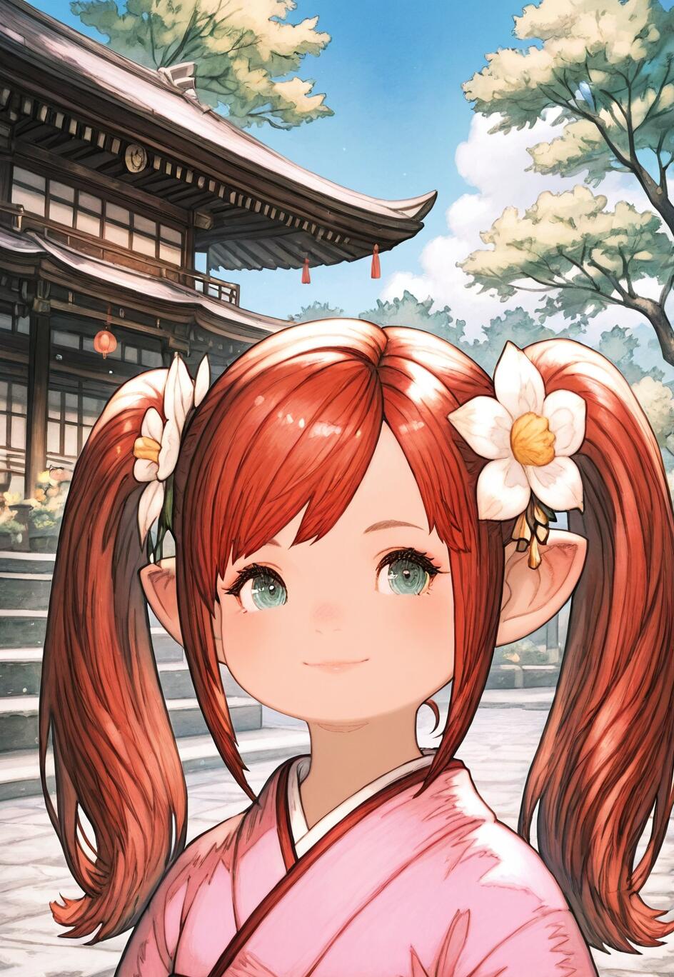 Un portrait en gros plan d’une adorable jeune fille de style manga, avec des cheveux roux coiffés en deux couettes, des oreilles pointues et un kimono rose. Elle porte des fleurs blanches dans les cheveux et sourit devant un bâtiment traditionnel japonais.