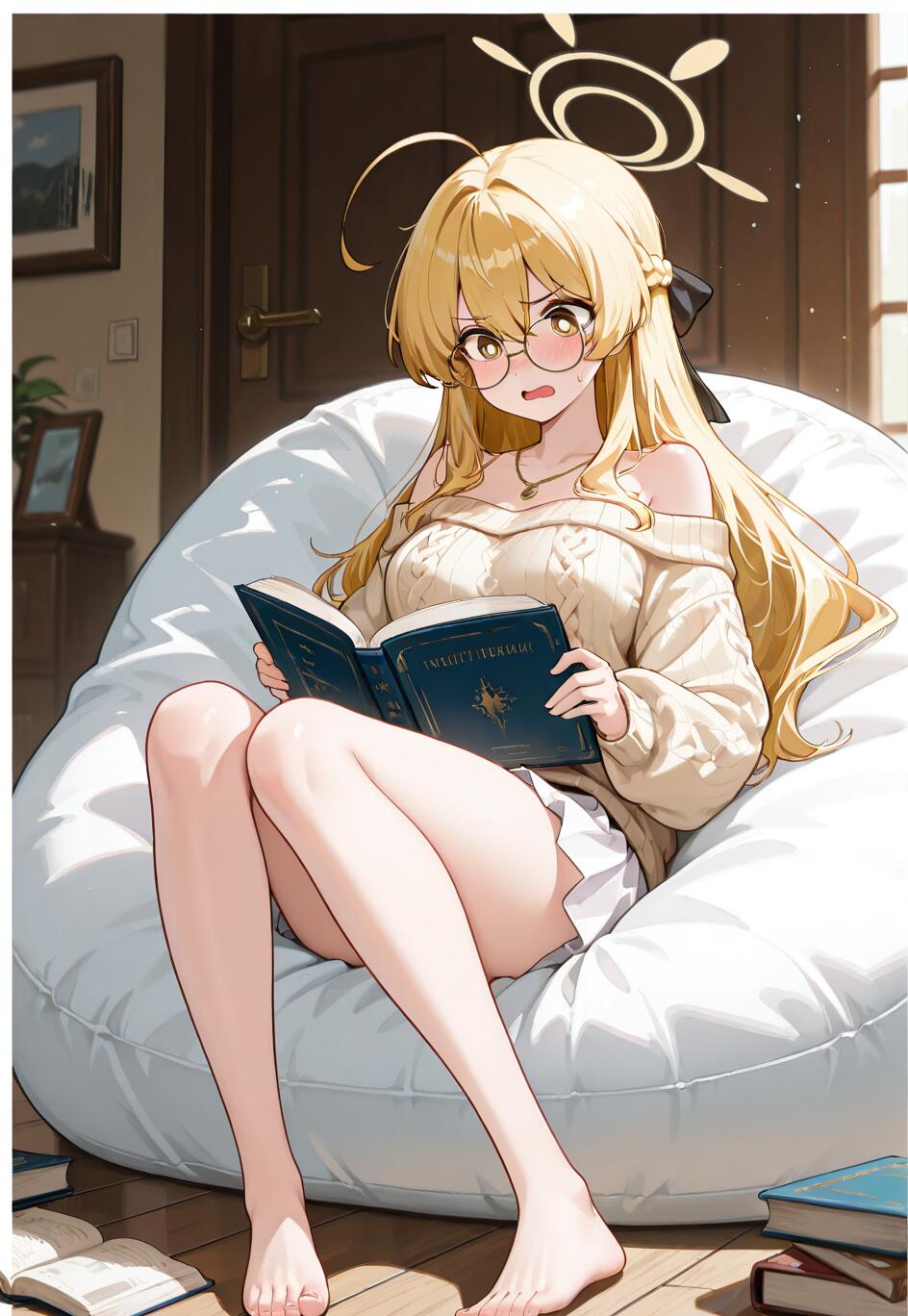 Illustration complète du personnage Ajitani Hifumi, tiré du jeu Blue Archive. Il s’agit d’une jeune fille blonde aux allures d’animé, portant des lunettes et un halo, assise sur un fauteuil en forme de sac de haricots blanc et lisant un livre avec une expression légèrement troublée. Elle porte un pull couleur crème à décolleté et une jupe blanche, dans une pièce confortable et baignée de lumière.