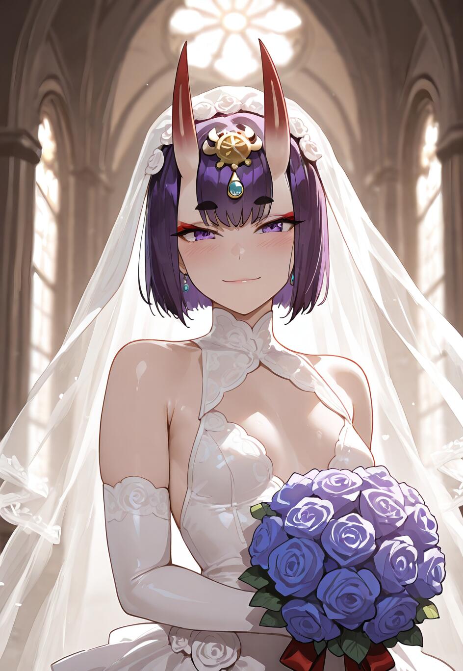 Shuten Douji, tiré de Fate/Grand Order, est représenté ici en tenue de mariée, souriant, vêtu d’une robe et d’un voile blancs, dans une église, et tenant un bouquet de roses bleues.