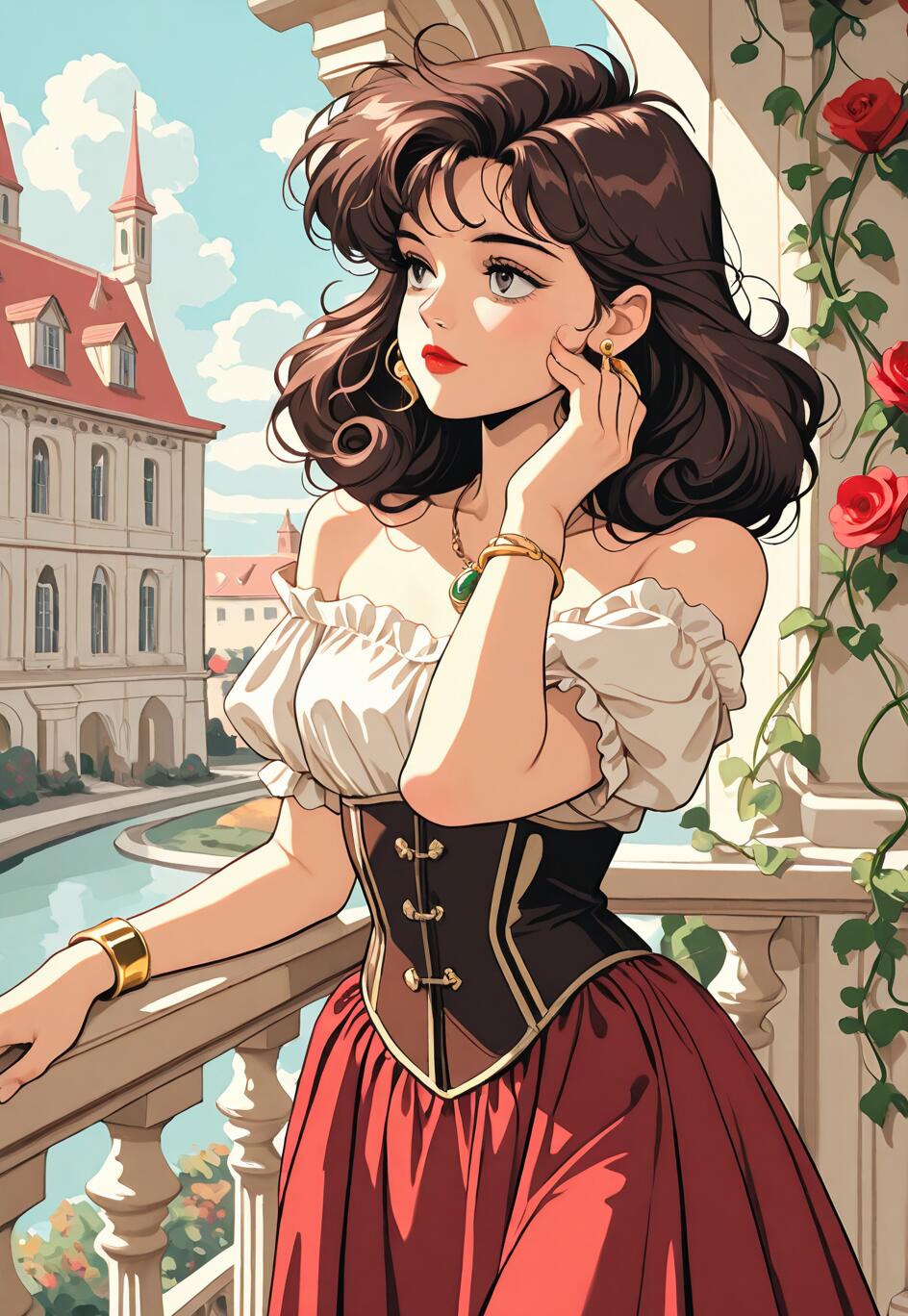 Une illustration de style manga représentant une jeune femme aux cheveux noirs et bouclés, vêtue d’une robe de style Renaissance, debout sur un balcon ensoleillé surplombant une ville européenne avec un canal.