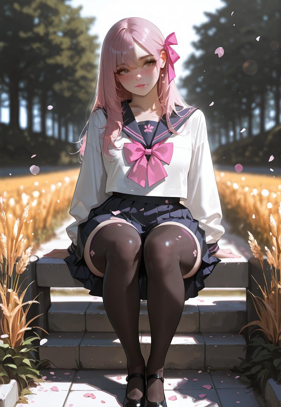 Une illustration de style manga représentant une jeune fille aux longs cheveux roses, assise sur des marches de pierre. Elle porte un uniforme scolaire japonais composé d’un haut blanc, d’une jupe bleue, d’un grand nœud rose et de bas noirs montants jusqu’aux cuisses. Elle est entourée de plantes dorées et de pétales roses flottants.