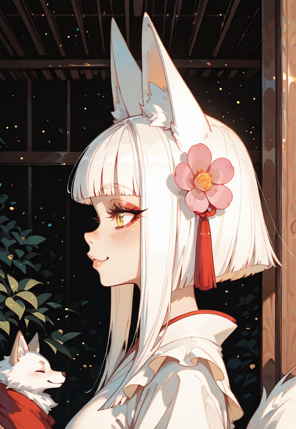 Une illustration représentant une jeune fille de style manga, avec de courts cheveux blancs et de grandes oreilles de renard blanches, portant une fleur rose. Elle sourit et tient un petit renard blanc dans ses bras, sur fond de jardin japonais nocturne.