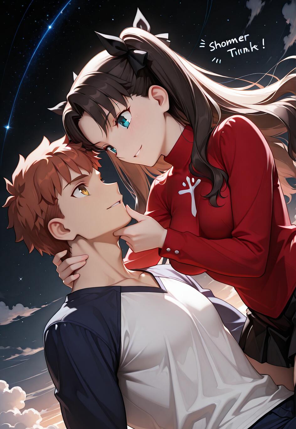 Une illustration d’anime représentant Tohsaka Rin et Emiya Shirou, tirée de Fate/stay night, partageant un moment romantique. Rin, avec de longs cheveux noirs et un pull rouge, regarde Shirou en bas et lui tient le menton. Shirou, avec des cheveux châtain roux, la regarde en l’élevant les yeux. L’arrière-plan est un ciel nocturne sombre et étoilé, parsemé de nuages.