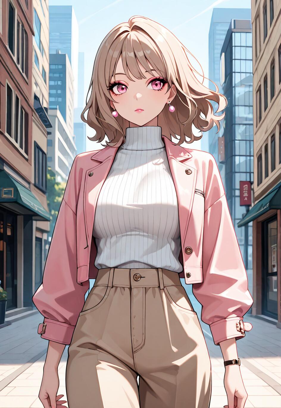 Une illustration de style manga représentant une jeune femme à la mode, avec des cheveux blonds et ondulés, des yeux roses, qui marche dans une rue de la ville. Elle porte une veste rose, un pull à col roulé blanc et un pantalon beige.