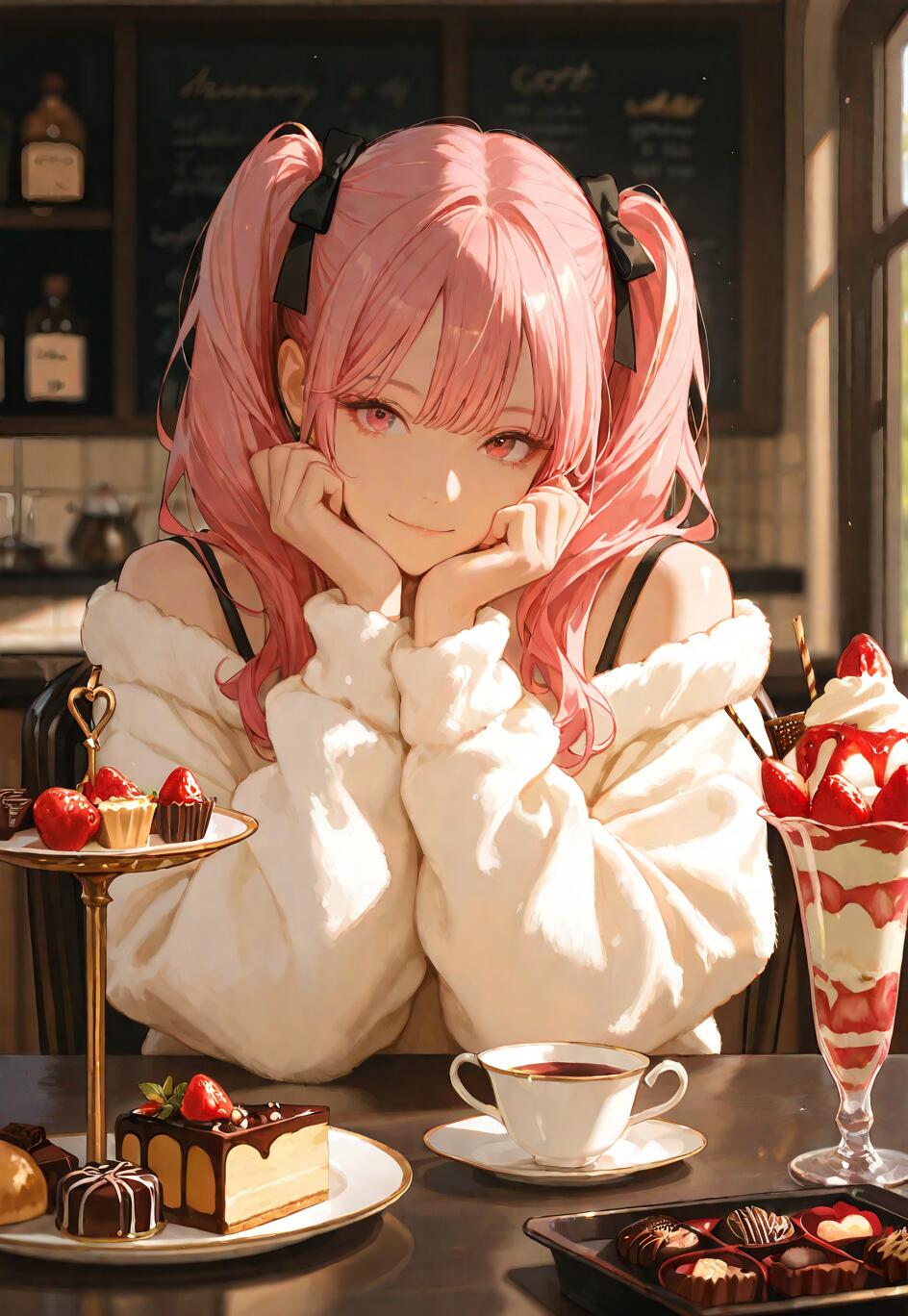 Une jeune fille d’anime aux cheveux roses, coiffée de deux couettes, est assise à une table de café sur laquelle sont disposés de nombreux desserts. Elle porte un pull blanc et moelleux et sourit, le menton posé sur ses mains. Sur la table, on peut voir un parfait aux fraises, une part de gâteau, une tasse de thé et un présentoir à desserts.