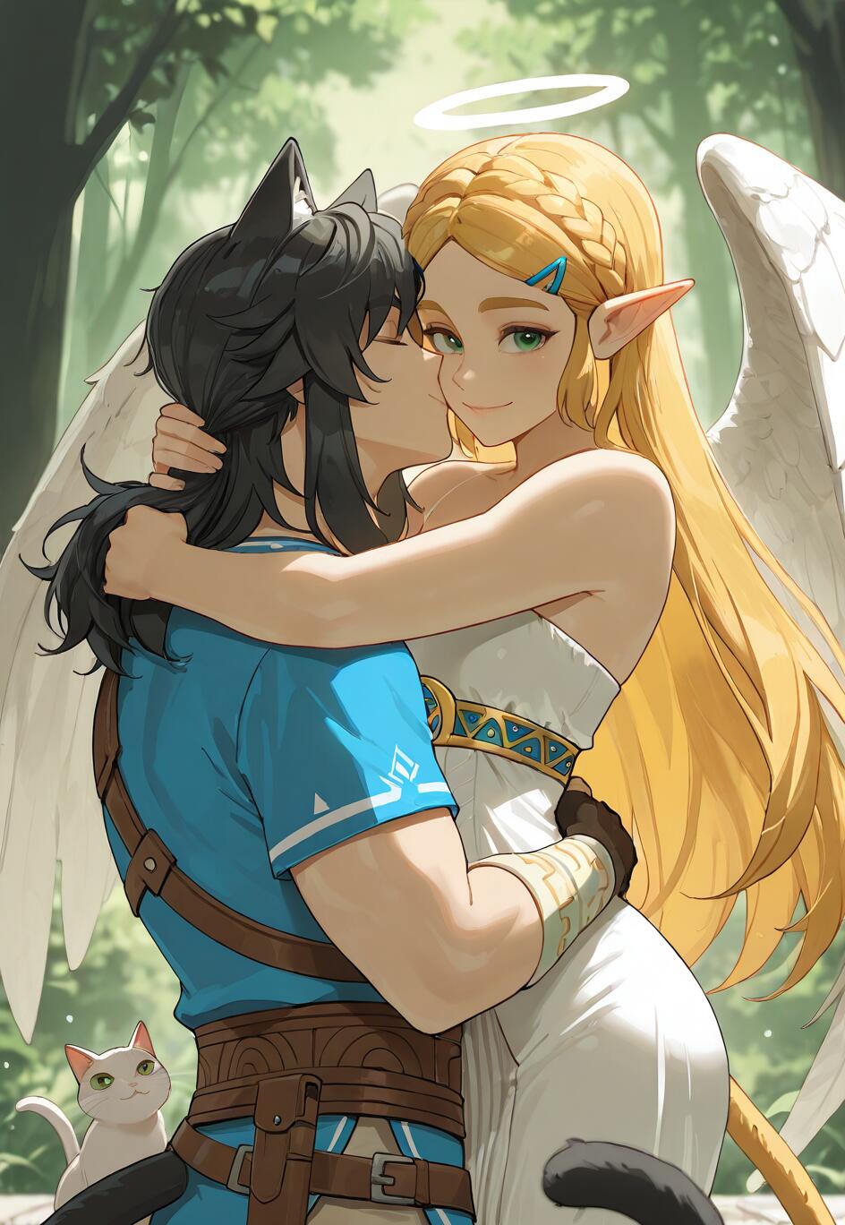 Une illustration représente Link sous la forme d’un jeune homme-chat aux cheveux noirs et aux oreilles pointues, en train d’embrasser et de baiser la joue de la princesse Zelda. Zelda est représentée comme un ange, avec des cheveux blonds, une auréole et des ailes blanches. Ils se trouvent dans une forêt, et on peut apercevoir un petit chat blanc près d’eux.