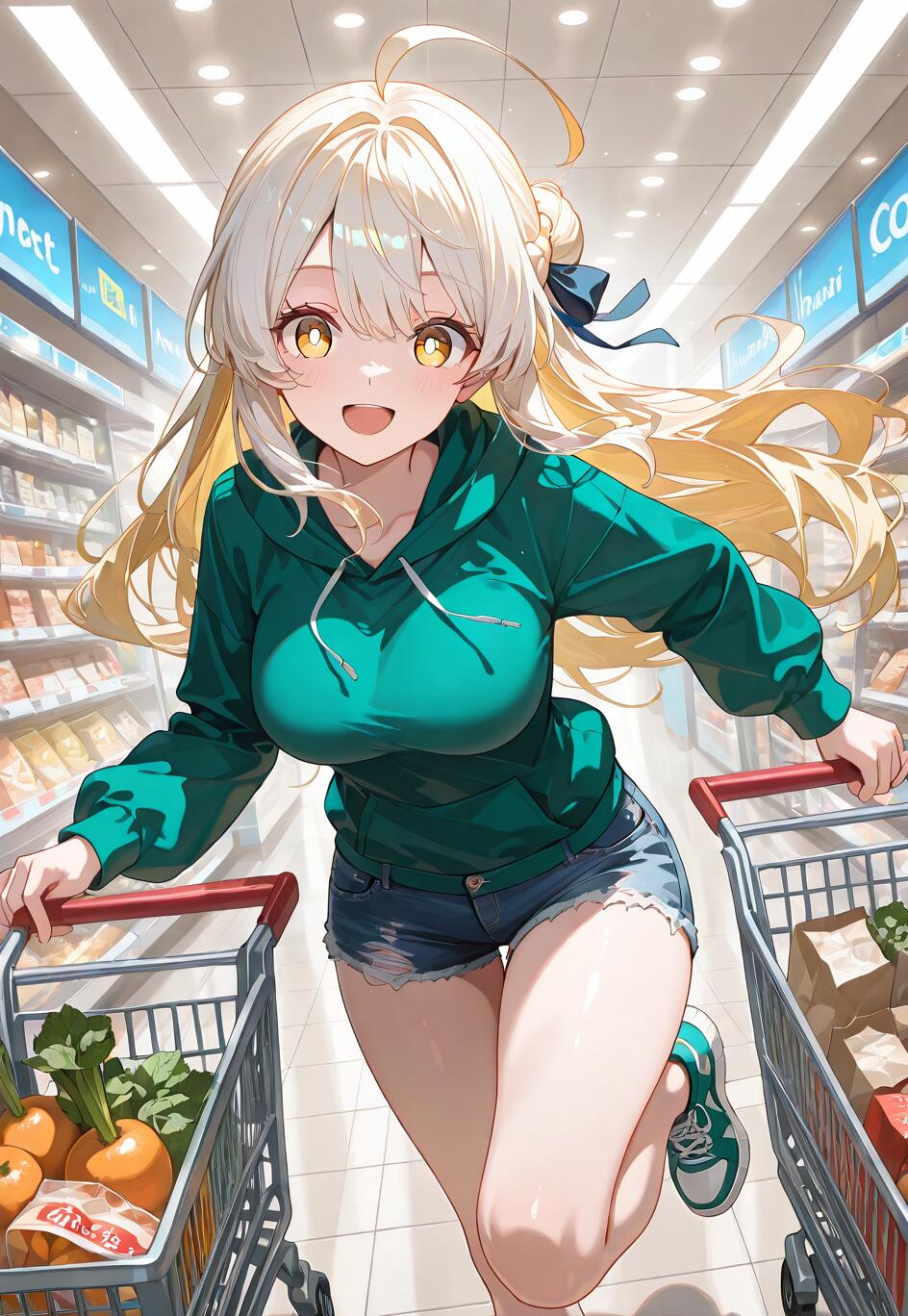 Une illustration de style manga représentant une jeune fille blonde et joyeuse, Artoria Pendragon (Saber), vêtue d’un sweat à capuche vert et d’un short en jean, courant avec entrain dans les allées d’un supermarché en poussant deux chariots remplis de provisions.