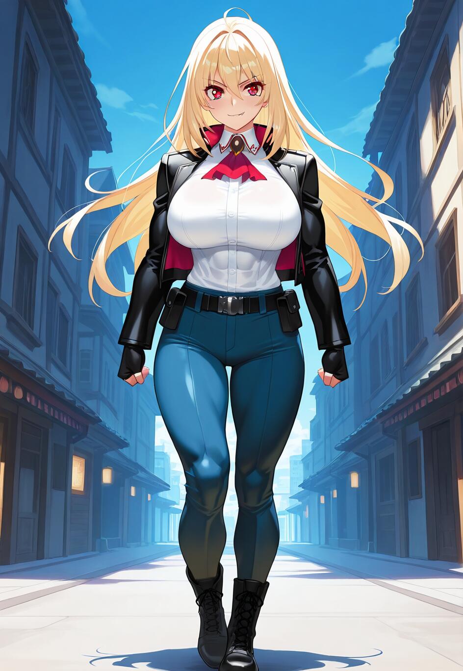 Une illustration complète, dans le style anime, d’Asagi Igawa, personnage de Taimanin. Elle a de longs cheveux blonds et des yeux rouges, et elle avance avec une expression confiante. Elle porte une chemise blanche, une veste noire, un pantalon bleu et des bottes noires, dans une rue de la ville.