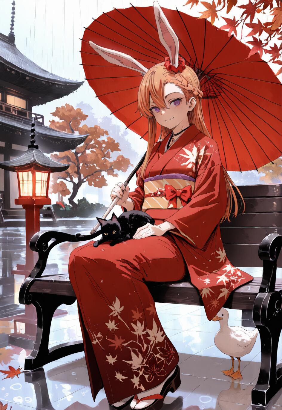 Une jeune fille au style manga, avec des cheveux orange et des oreilles de lapin, est assise sur un banc, vêtue d’un kimono rouge, sous un parapluie rouge dans un jardin de temple japonais, alors qu’il pleut. Un chat noir est assis sur ses genoux et un canard blanc se trouve à ses pieds.
