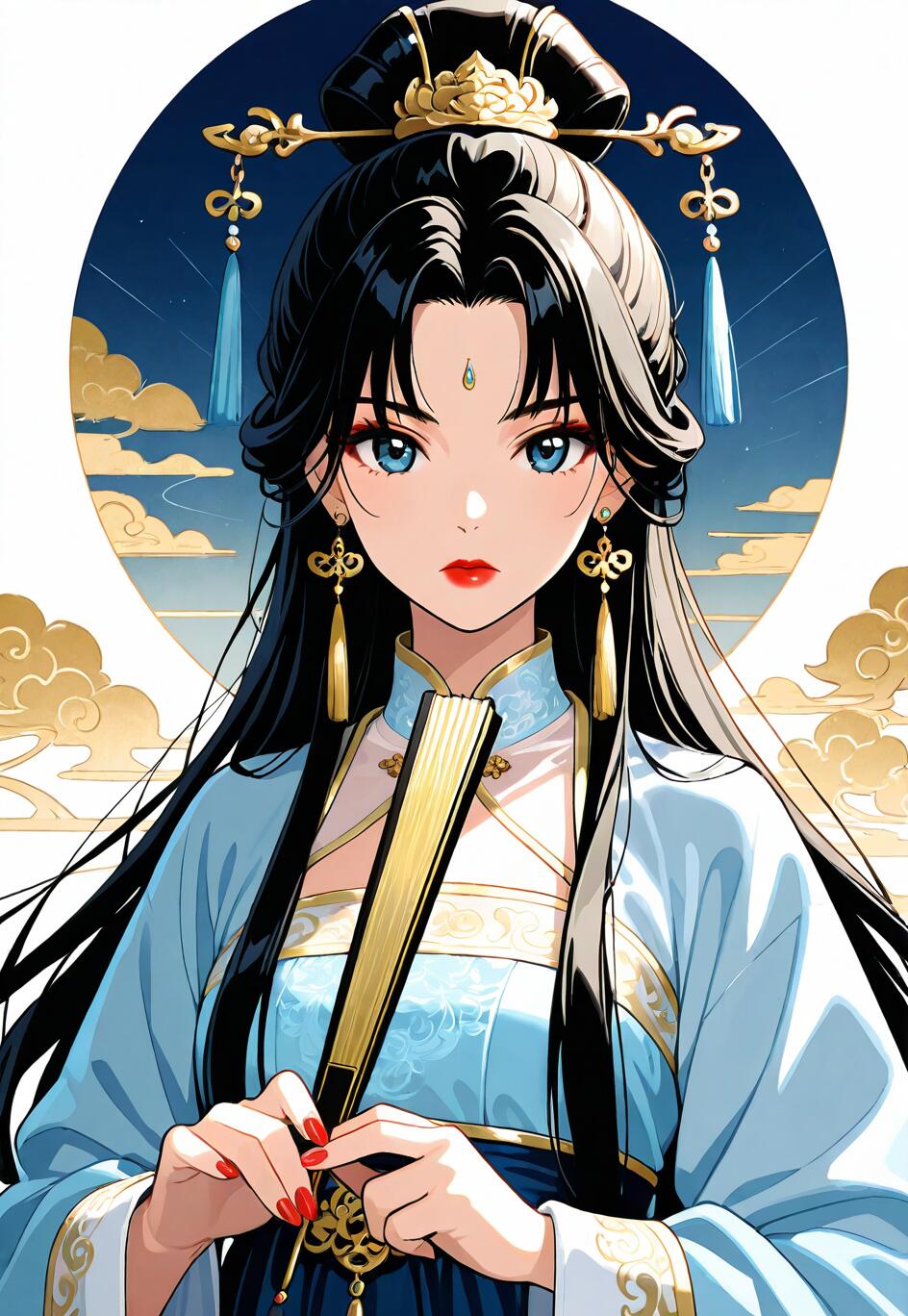 Une illustration de style manga représentant une jeune femme magnifique, aux longs cheveux noirs et aux yeux bleus, portant un hanfu chinois traditionnel bleu et doré. Elle tient un éventail doré et se tient devant un décor circulaire représentant un ciel nocturne étoilé et des nuages dorés.