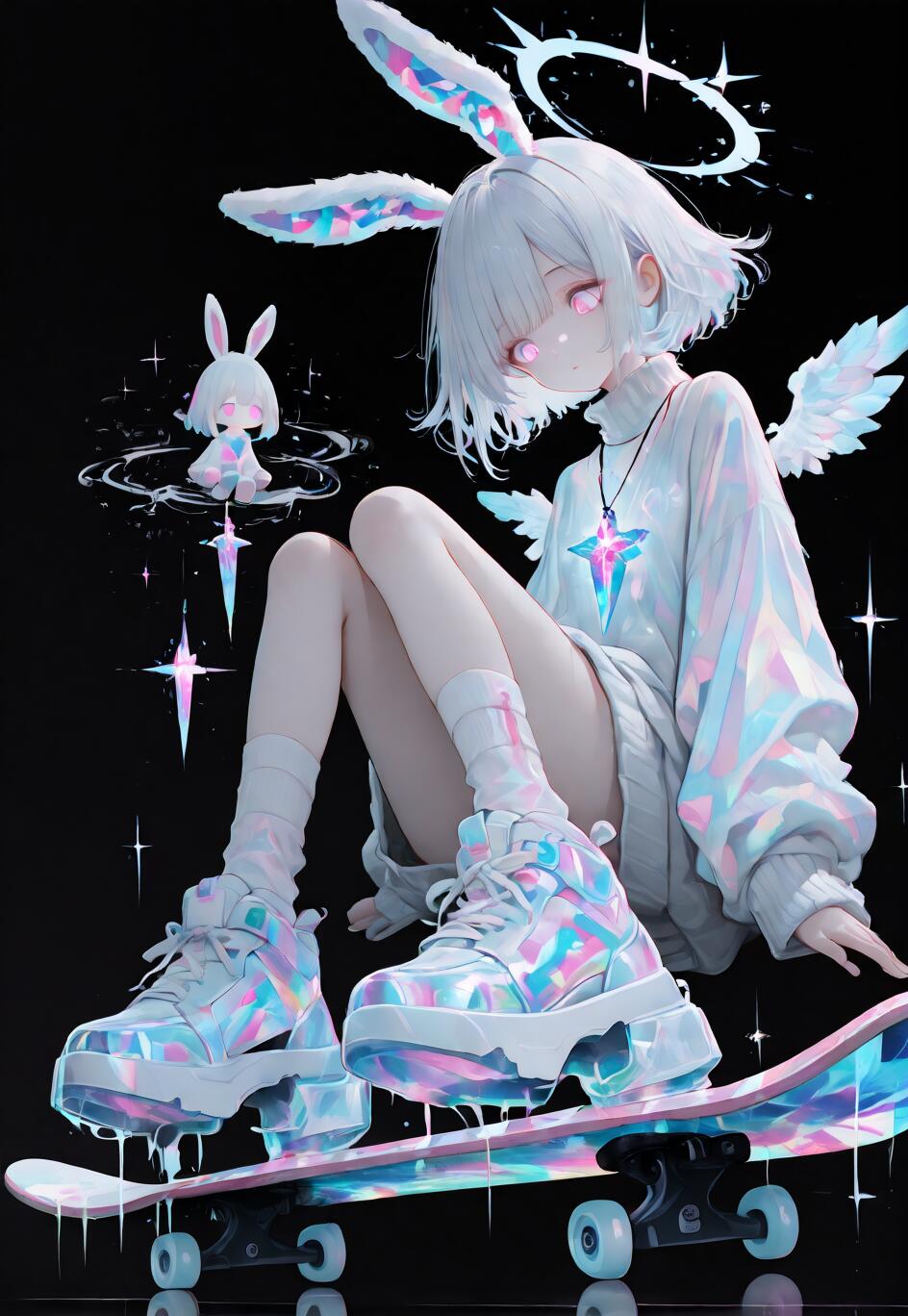 Une illustration complète d’une jeune fille de style manga, aux cheveux blancs, aux oreilles de lapin et aux petites ailes d’ange, assise sur une planche à roulettes iridescente et lumineuse, le tout sur un fond noir uni.