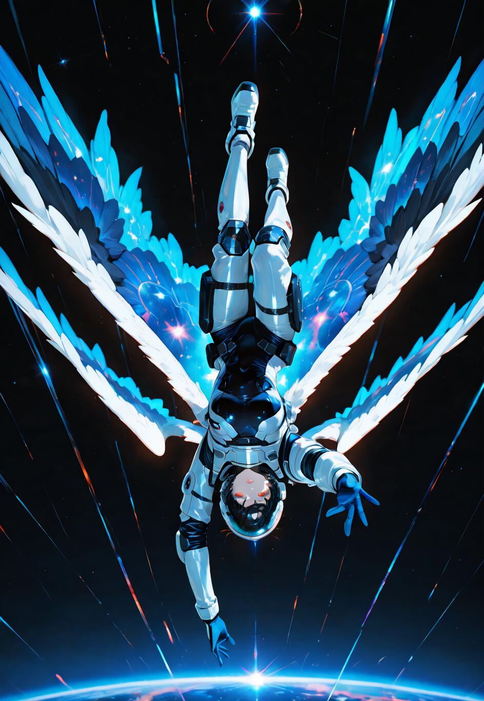 Fujimaru Ritsuka, personnage de Fate/Grand Order, est représenté ici en astronaute, doté de grandes ailes bleues et blanches, flottant à l’envers dans l’espace au-dessus d’une planète, et tendant la main vers le spectateur.