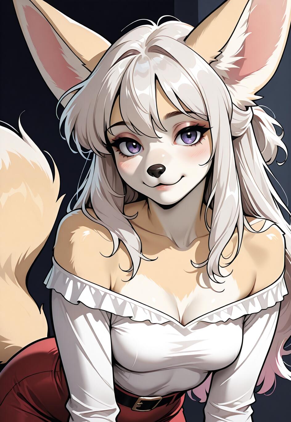 Une illustration de style manga représentant un personnage féminin, un renard fennec, avec de longs cheveux argentés et des yeux violets, portant un haut blanc à décolleté et une jupe rouge.