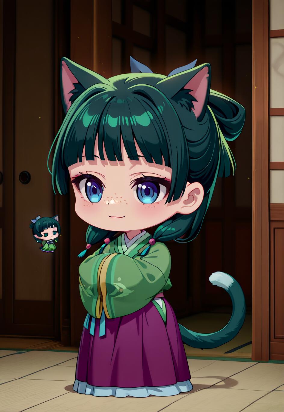Une illustration de Maomao, personnage du manga « Les Chroniques de l’apothicaire », représentée en version « chibi » (personnage miniature et mignon) et réimaginée en tant que jeune fille-chat. Elle a les cheveux verts, des oreilles et une queue de chat, de grands yeux bleus et des taches de rousseur. Elle porte une tenue traditionnelle verte et violette et se tient dans une pièce dotée de portes de style japonais.