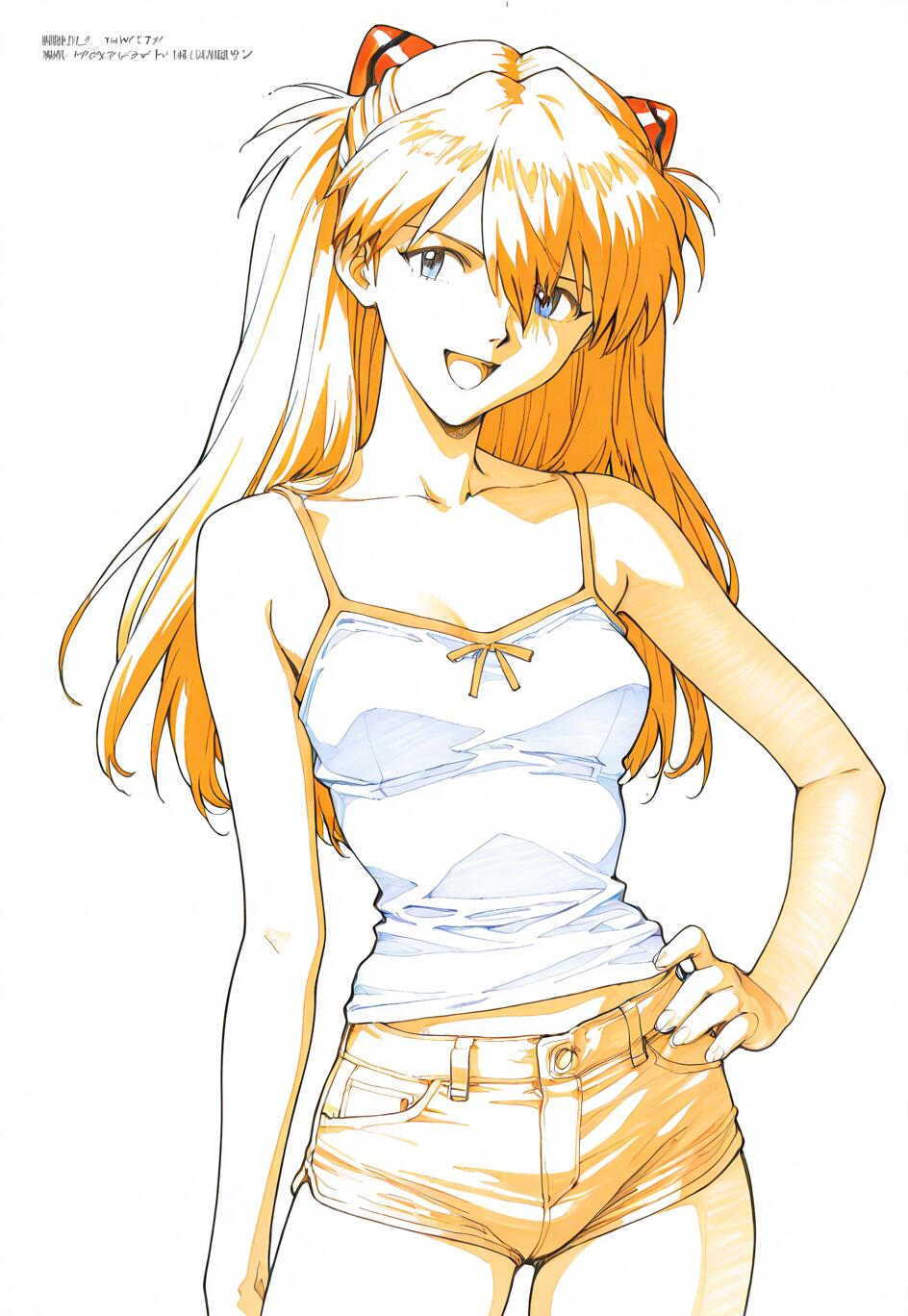 Une illustration en noir et blanc représentant Asuka Langley Soryu, personnage de Neon Genesis Evangelion, souriant avec assurance, une main sur la hanche. Elle a les cheveux roux, coiffés en deux couettes, et porte un débardeur blanc et un short court, le tout sur un fond blanc uni.