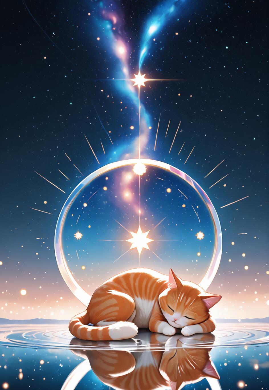 Une illustration représentant un adorable chat tigré orange et blanc, endormi sur une surface réfléchissante qui ressemble à de l’eau. L’arrière-plan est un ciel nocturne cosmique, avec une nébuleuse éclatante, d’innombrables étoiles et une grande sphère lumineuse derrière le chat.