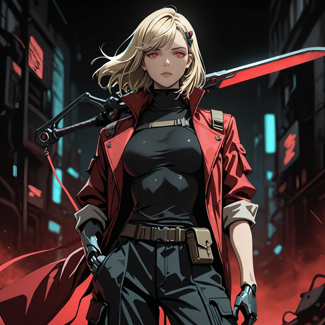 Une illustration de style manga représentant une jeune femme aux cheveux blonds, aux yeux rouges et aux bras cybernétiques, se tenant dans une ville futuriste de nuit. Elle porte un manteau rouge et un équipement tactique noir, et tient une épée rouge lumineuse sur son épaule.