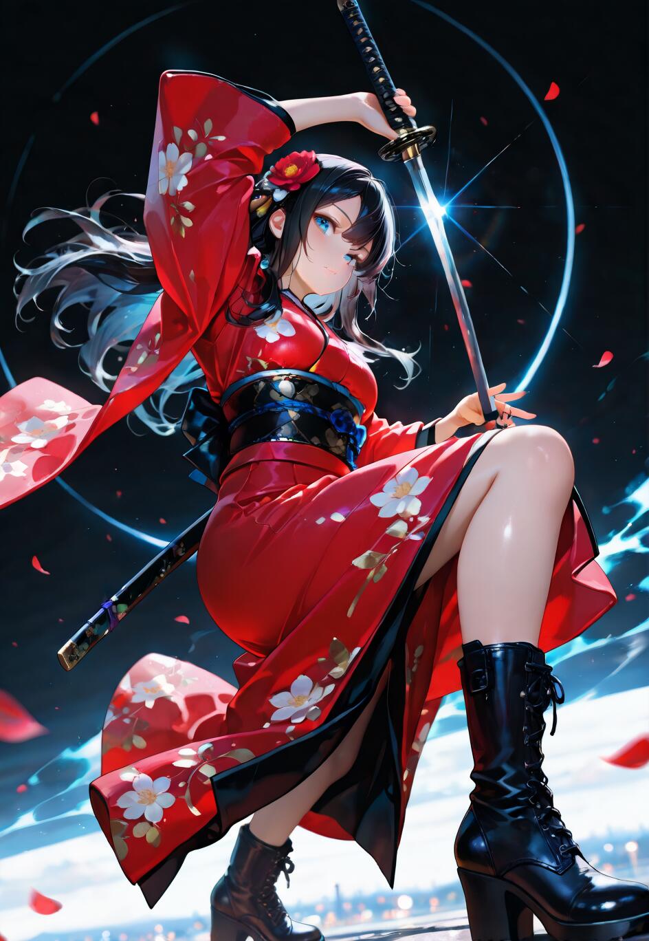 Une illustration complète d’une jeune femme d’anime, vêtue d’un kimono rouge à motifs floraux et de bottes de combat noires, tenant un katana dans une pose dynamique, le tout sur un fond sombre avec des effets de lumière bleue et des pétales rouges.