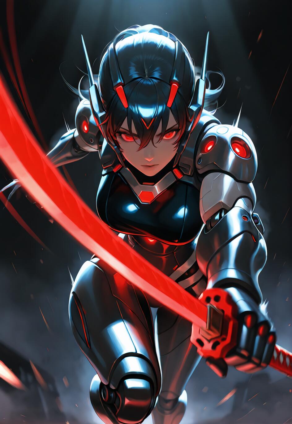 Une cyborg féminine au style manga, vêtue d’une armure futuriste sombre, avec des yeux et des détails rougeoyants, se précipite en avant en brandissant un katana énergétique d’un rouge éclatant.