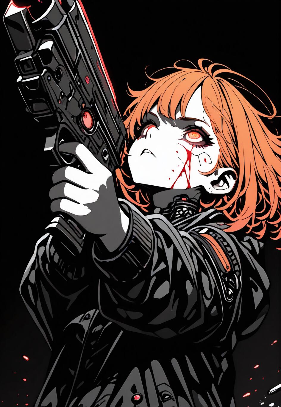 Une illustration saisissante, réalisée avec un angle de vue plongeant, représentant une jeune fille d’anime aux cheveux orange en désordre et aux yeux rouges brillants, tenant un grand pistolet. Elle a du sang sur le visage et porte une veste noire détaillée sur un fond noir.