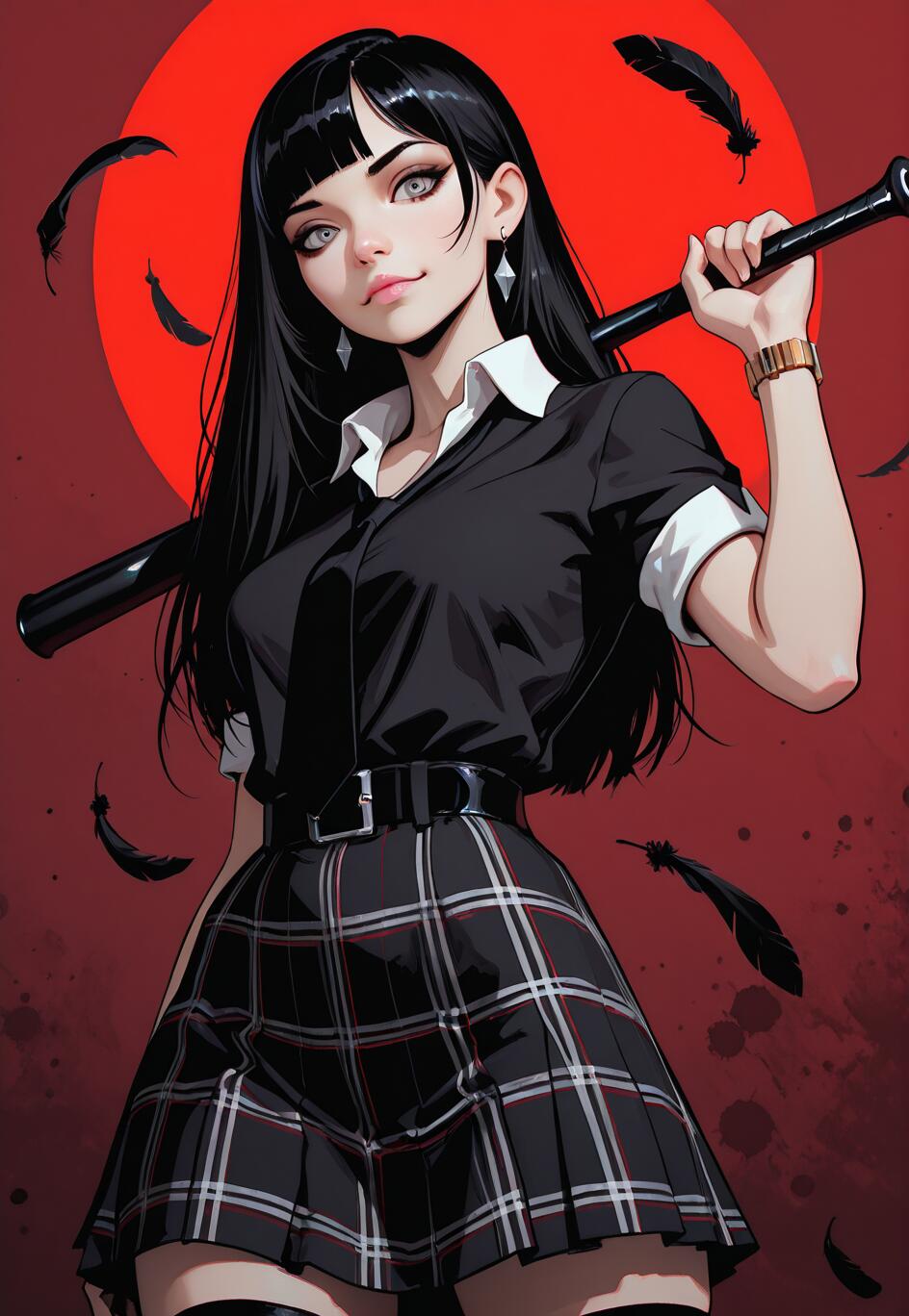 Une illustration numérique représentant une jeune fille de style manga, avec de longs cheveux noirs et des yeux gris, portant un t-shirt noir et une jupe à carreaux. Elle tient une batte de baseball sur son épaule, devant un fond rouge parsemé de plumes noires flottantes.