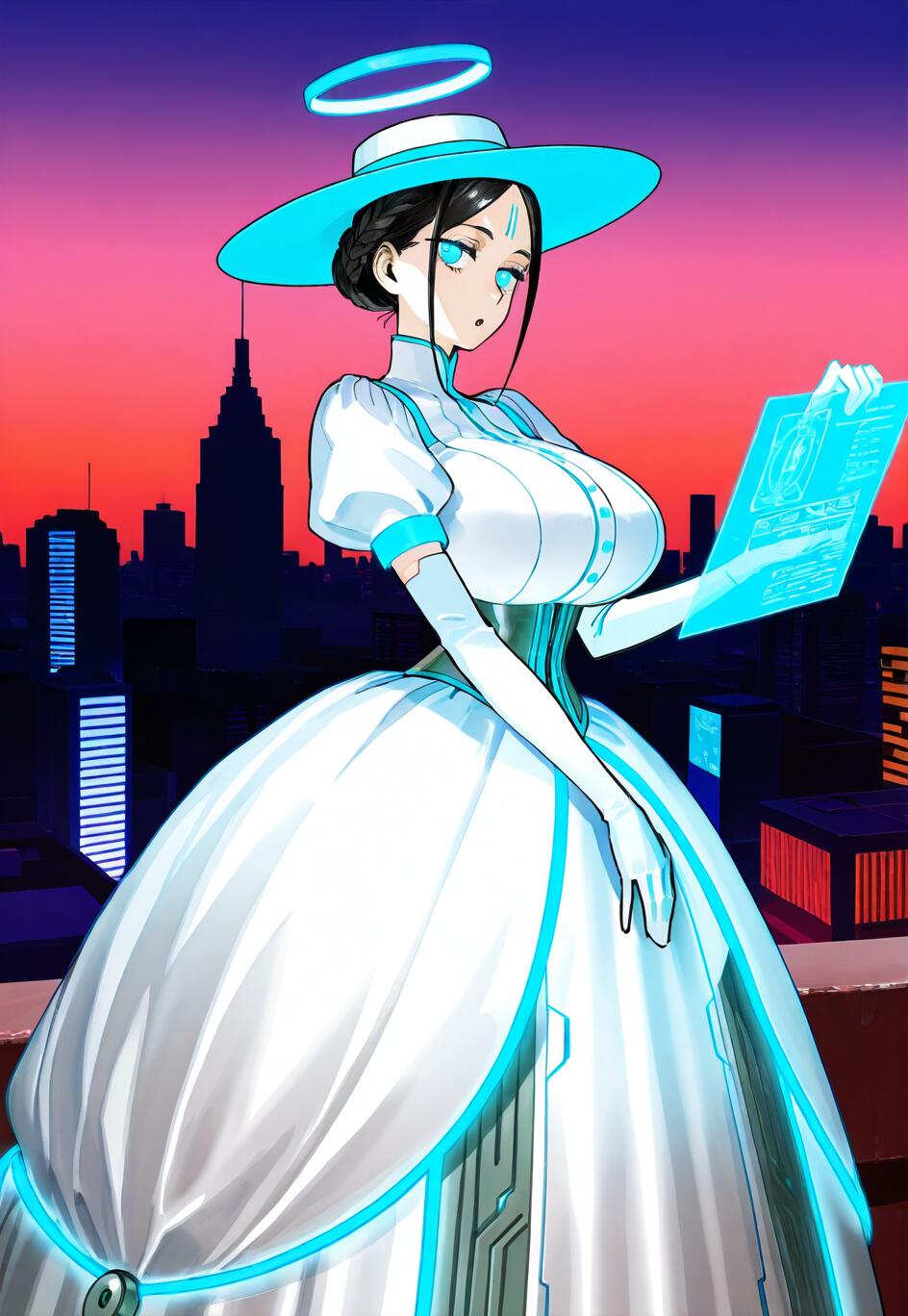 Une femme, dans le style des dessins animés japonais, porte une robe et un chapeau victoriens futuristes, blancs et bleus. Elle se tient sur un toit au crépuscule, tenant une tablette holographique lumineuse devant elle, avec en arrière-plan le paysage urbain illuminé par des néons. Un halo bleu flotte au-dessus de sa tête.