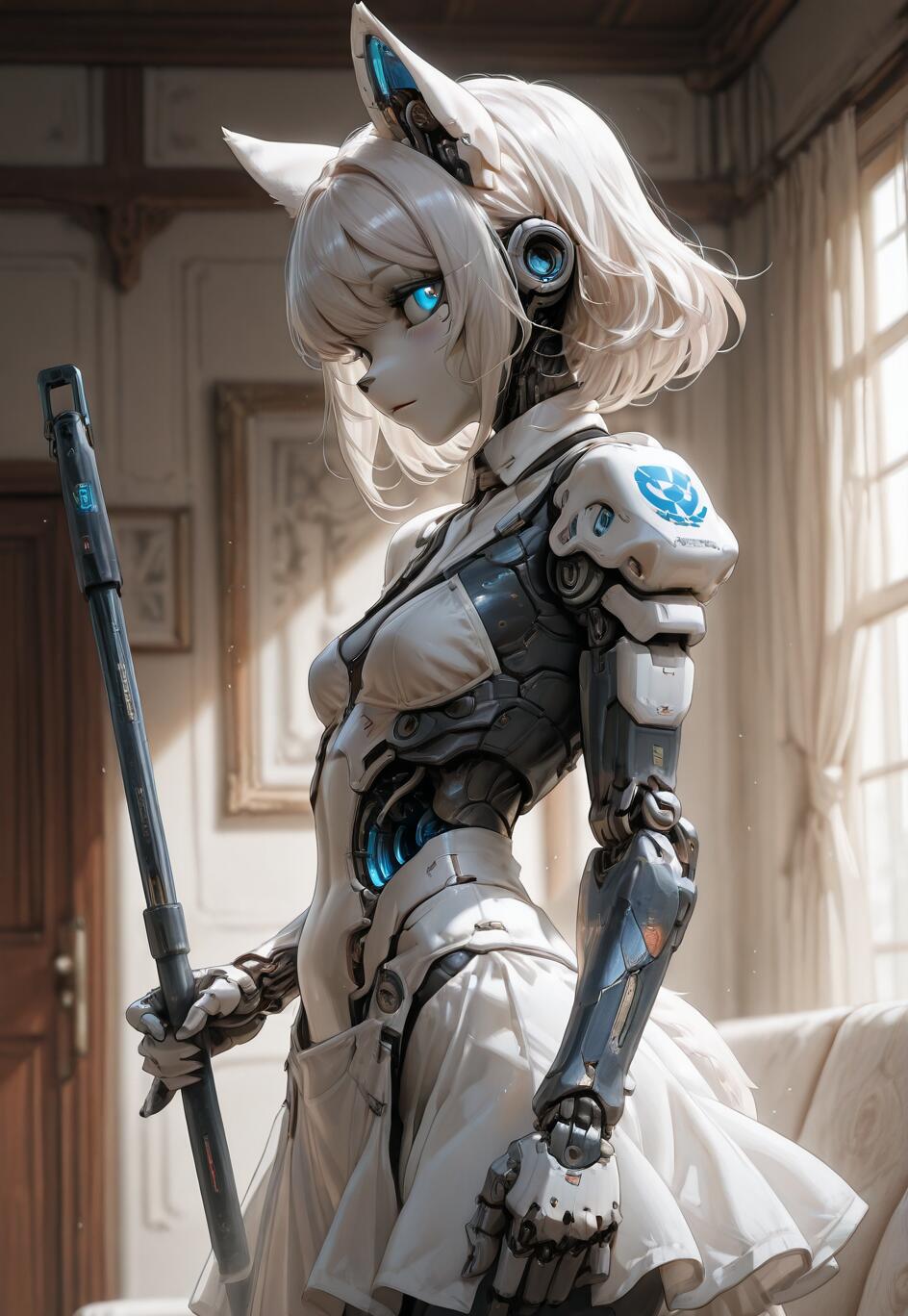 Une illustration numérique représentant une cyborg féminine aux cheveux blancs, aux yeux bleus lumineux et aux oreilles de chat, vêtue d’un uniforme de femme de chambre et tenant une serpillière futuriste dans une pièce au style classique.