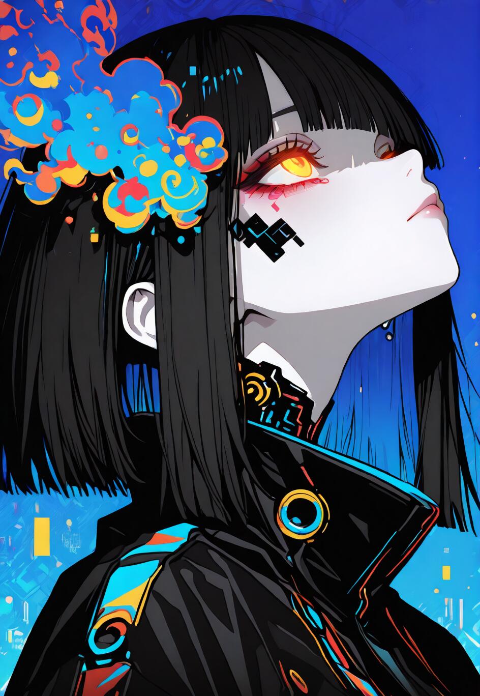 Un portrait stylisé de type animé représentant une femme cyberpunk aux cheveux noirs courts et aux yeux jaunes lumineux, qui lève les yeux. Elle porte une coiffure colorée dans le style « glitch art » et présente des détails cybernétiques géométriques noirs sur son visage et son cou, le tout sur un fond numérique bleu vif.