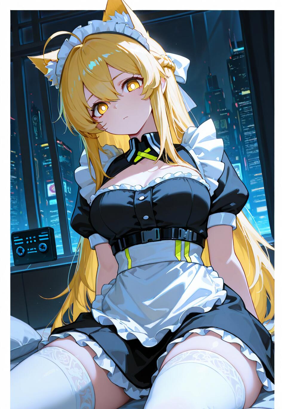 Une jeune fille-chat issue d’un anime, avec de longs cheveux blonds et des yeux jaunes, vêtue d’un uniforme de femme de chambre cyberpunk noir et blanc, assise dans une pièce sombre, avec une ville illuminée par des néons visible à travers la fenêtre derrière elle.