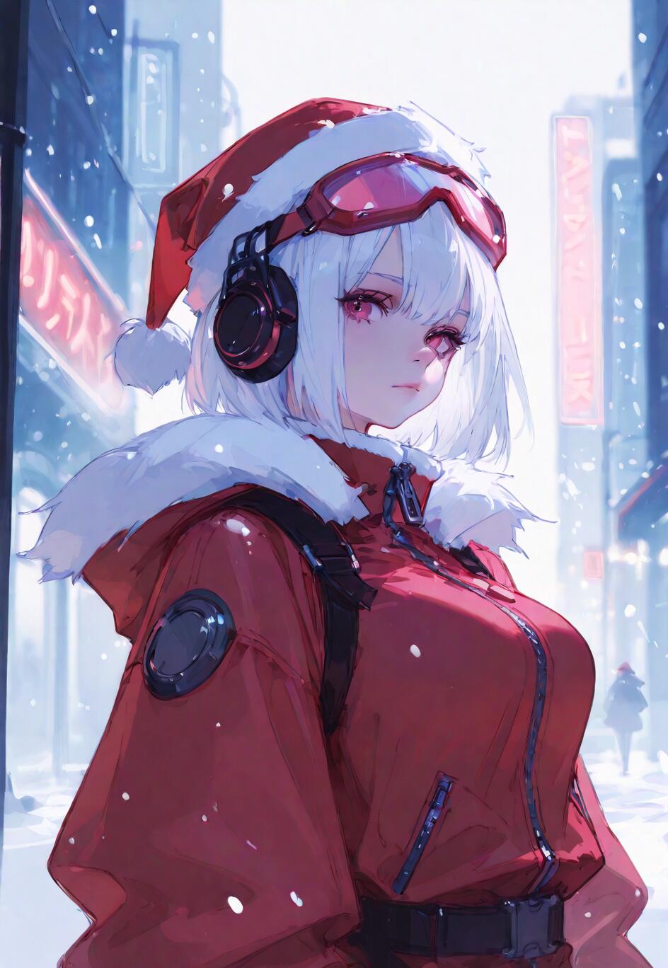 Une jeune fille de dessin animé, aux cheveux courts et blancs et aux yeux rouges, porte un bonnet de Père Noël rouge, des lunettes, un casque audio et une veste d’hiver rouge. Elle se tient dans une rue enneigée d’une ville, avec des néons en arrière-plan.