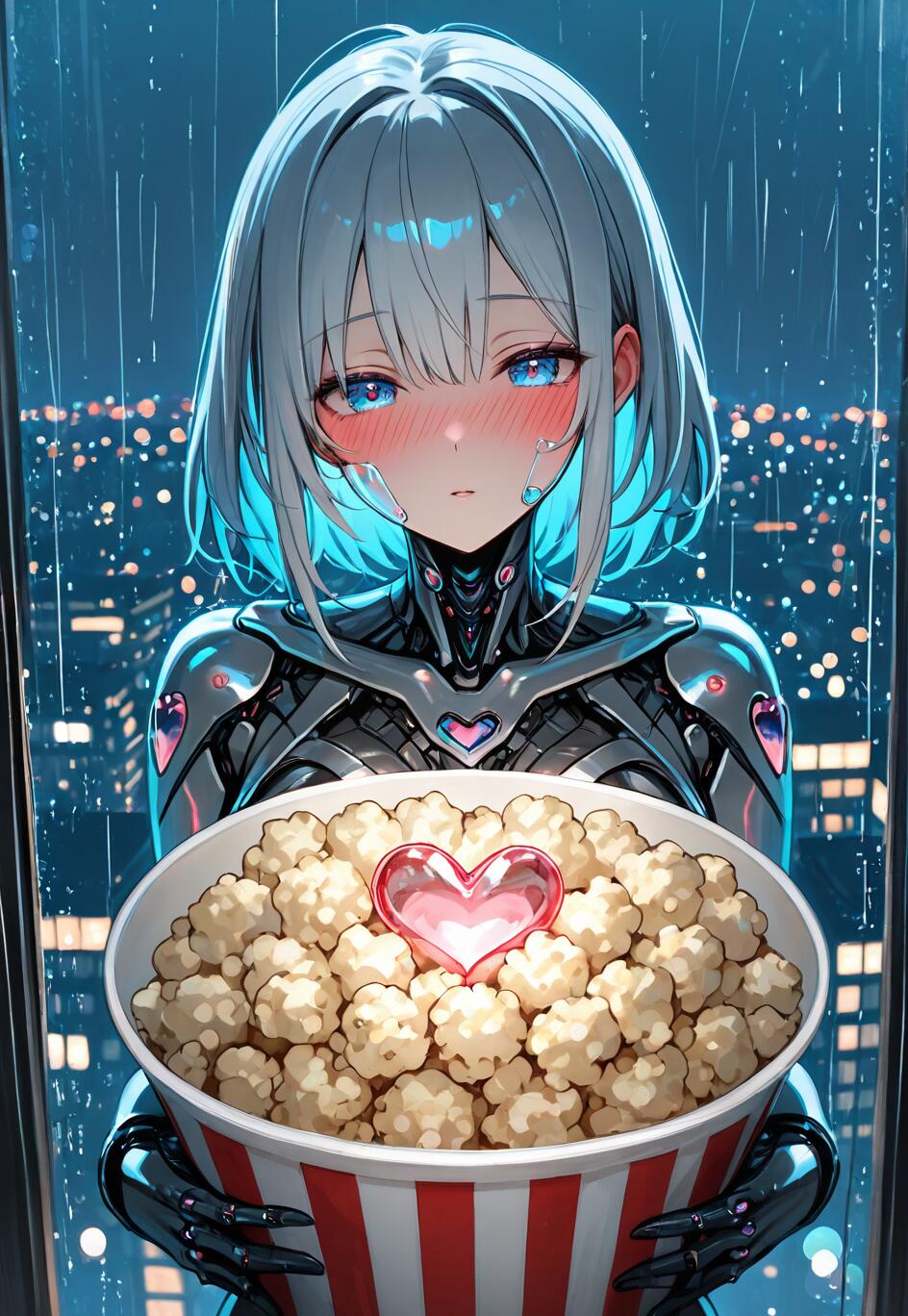 Une jeune fille cyborg au style manga, avec de courts cheveux bleu clair et des yeux bleus, rougit en tenant un grand seau à rayures rouges et blanches rempli de pop-corn. Un cœur rose et translucide repose sur le pop-corn. Elle se tient devant une fenêtre donnant sur une ville pluvieuse, la nuit.