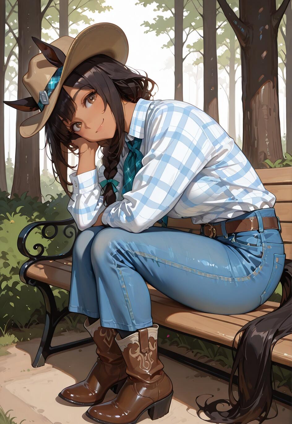 Une jeune fille à l’allure d’anime, avec une peau bronzée et un chapeau de cowboy, identifiée comme El Condor Pasa, est assise sur un banc dans un parc, au cœur d’une forêt. Elle porte une chemise à carreaux et un jean, et elle sourit chaleureusement à la personne qui la regarde.