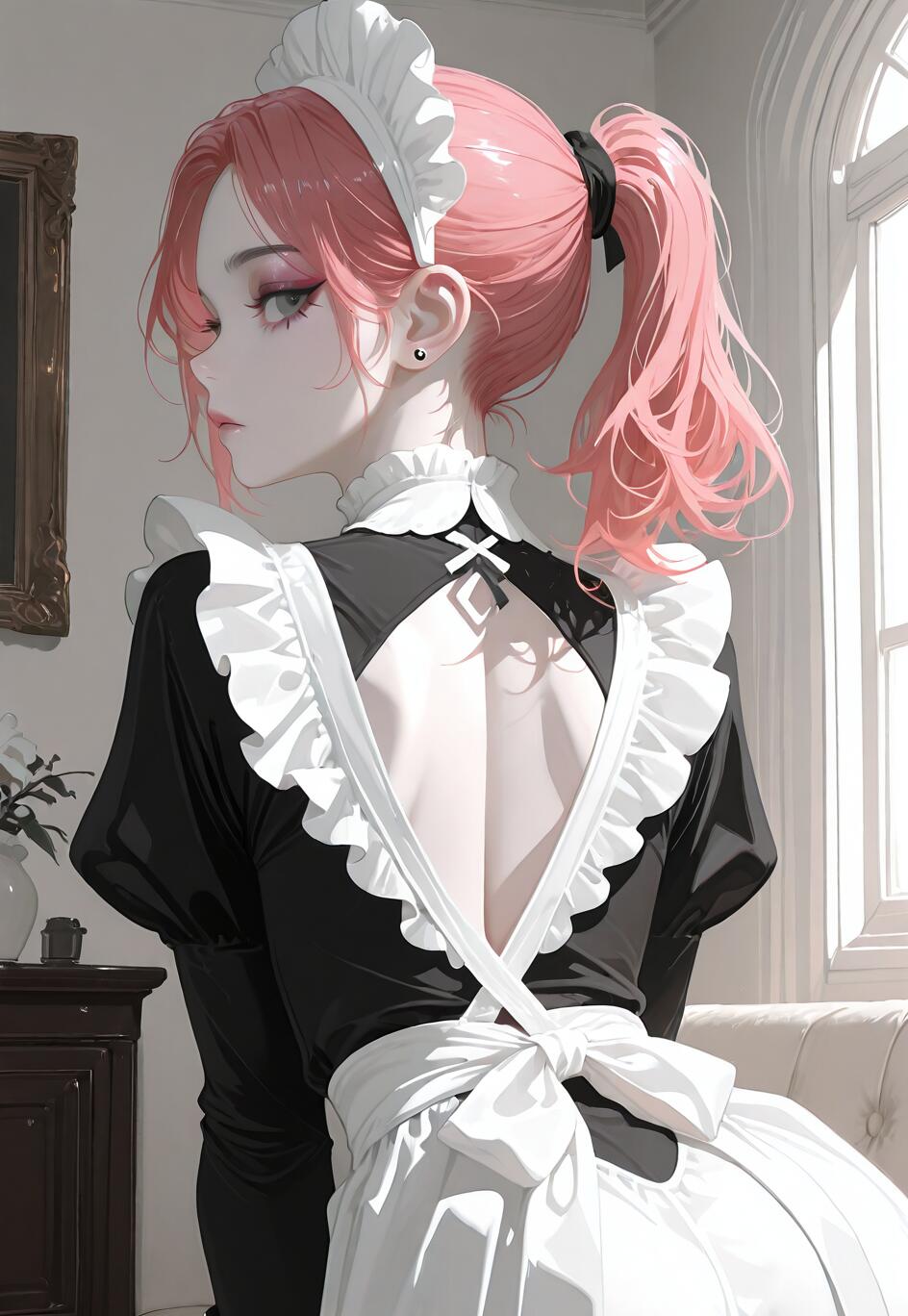 Une illustration de style manga représentant une jeune femme aux cheveux roses, attachés en queue de cheval, portant un uniforme de femme de chambre noir et blanc avec le dos décolleté. Elle se retourne et regarde par-dessus son épaule dans une pièce bien éclairée.