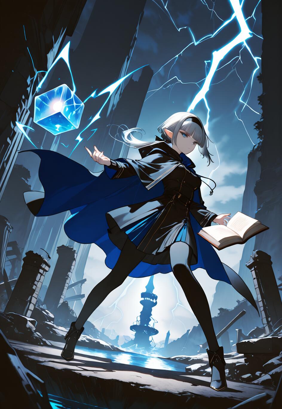 Illustration complète d’une jeune elfe aux cheveux argentés, vêtue d’un manteau bleu foncé et d’une tenue noire, qui se tient dans une pose énergique au milieu d’un paysage dévasté. Elle tient un livre et lance un sort sur un cube bleu flottant, tandis que des éclairs zèbrent le ciel orageux qui se trouve derrière elle.