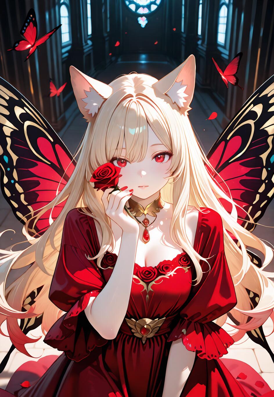 Une jeune fille d’anime aux longs cheveux blonds, aux yeux rouges et aux oreilles de chat, vêtue d’une robe rouge et portant de grandes ailes de papillon, tient une rose rouge près de son visage dans un hall sombre, de style gothique, entouré de papillons.
