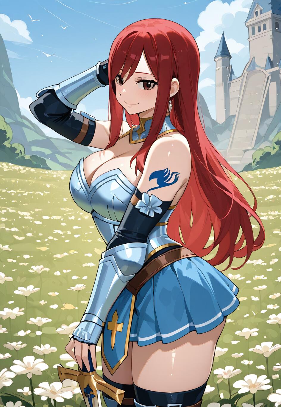 Erza Scarlet, de l’univers de Fairy Tail, une guerrière aux cheveux roux, vêtue d’une armure argentée et bleue et d’une jupe bleue, se tient debout, souriante, dans un champ de fleurs blanches, avec un château en arrière-plan, et elle tient une épée.