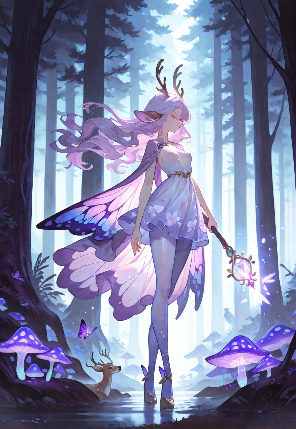 Une illustration de style manga représentant un magnifique esprit de la forêt, avec de longs cheveux violets clairs, des bois de cerf et de grandes ailes de papillon. Elle tient un bâton lumineux et se tient dans une forêt magique, remplie de champignons violets phosphorescents et d’un petit cerf.