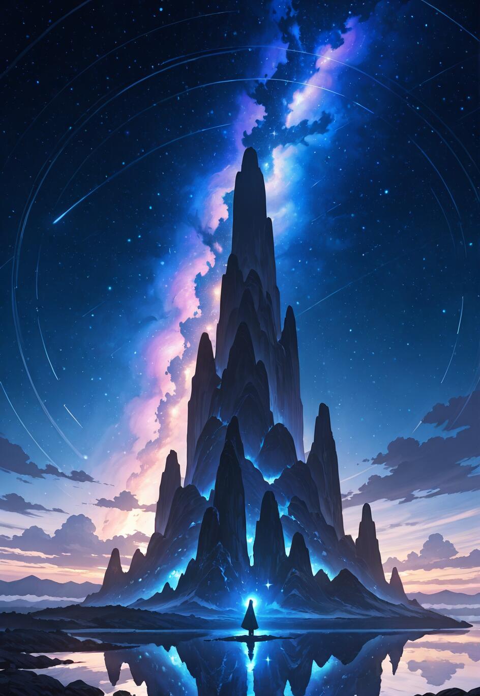 Une silhouette solitaire, enveloppée dans un manteau, se tient devant une montagne imposante et aux contours déchiquetés, sous un ciel nocturne étoilé et coloré, où l’on aperçoit une nébuleuse. Le tout se reflète dans l’eau calme en contrebas.